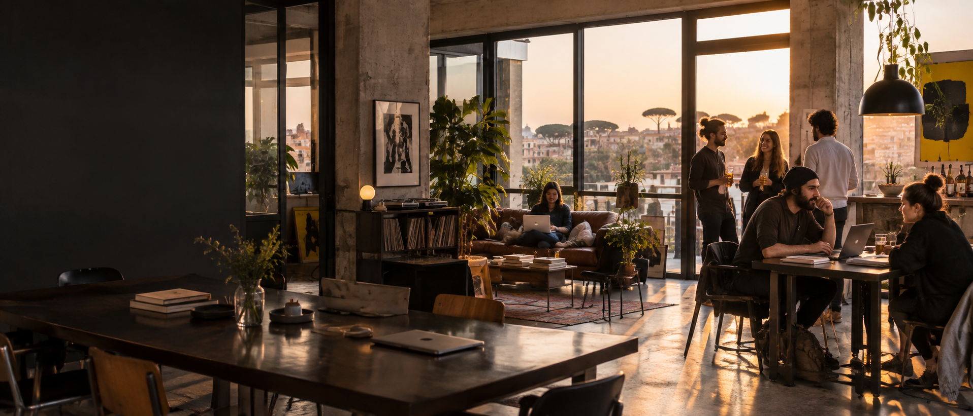 Creativi al lavoro e in conversazione in uno spazio coworking contemporaneo
